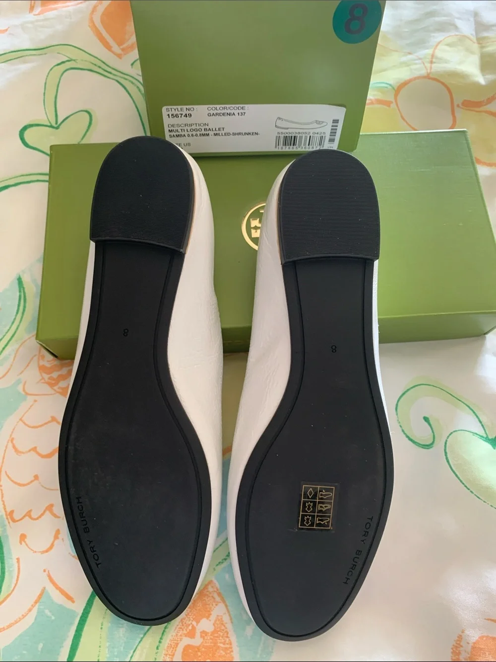 Tory Burch White Leather Logo Ballet Flats with Gold Emblem color gardenia